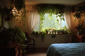 Lush bedroom with abundant houseplants