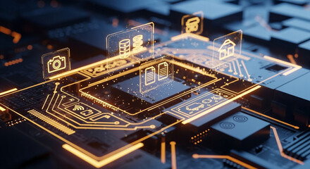 Illuminated circuit board with floating icons representing various digital applications and data streams
