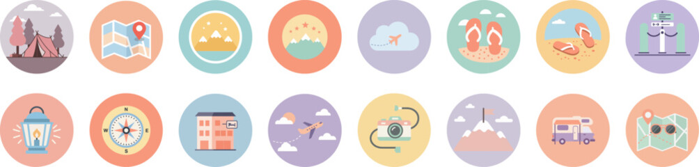 Fototapeta premium Sixteen circular flat pastel travel and adventure icons in a grid