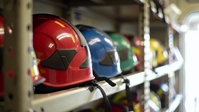 A row of colorful safety helmets, including red, blue, green, and yellow, neatly arranged on shelves, ready for use.