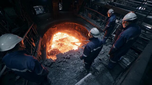 Cement kiln pit crew concentrated on clinker discharge port inspection in medium shot