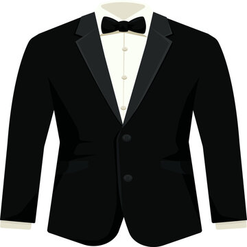 Men's jacket. Wedding men's suit, tuxedo. Black suit, white shirt and black ribbon. Vector illustration.