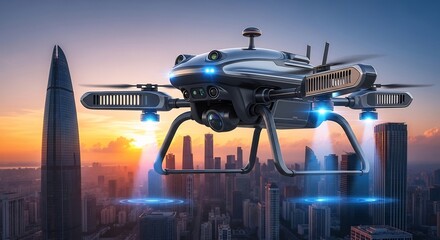 Futuristic Drone Over Cityscape at Sunset, High-Tech Surveillance, Aerial View.