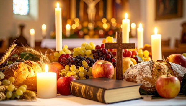 Bibel, Kreuz, Brot, Weintrauben, Weizen und &Auml;pfel als festliche Altardekoration zum Erntedankgottesdienst
