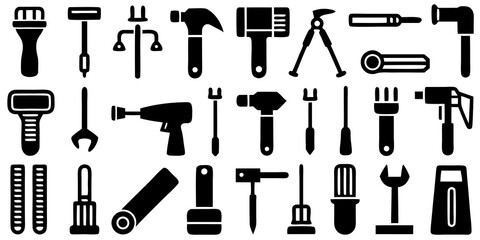 Obraz premium Collection of Black Silhouettes of Various Tools and Hardware wrench hammer