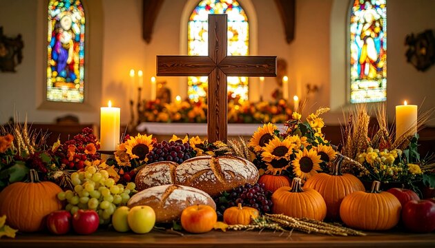 Erntedankaltar in Kirche mit Holzkreuz, Sonnenblumen, K&uuml;rbissen, Trauben, Brot, &Auml;pfeln und Weizen&auml;hren vor bunten Kirchenfenstern
