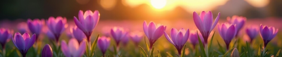 Fototapeta premium delicate purple crocus flowers in a field at sunrise, bloom, wildflowers, sunset