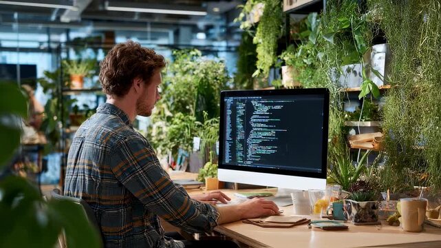 Side view of a focused programmer pushing updated project files to a remote code repository capturing a dynamic tech environment filled with plants and creative clutter.