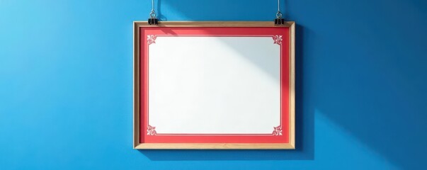 Red and blue certificate hanging on a blue wall, certificate, award, decoration