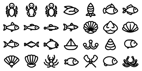Fototapeta premium Assortment of Black Outline Marine Life and Nautical Icons on White Background sea creatures fish