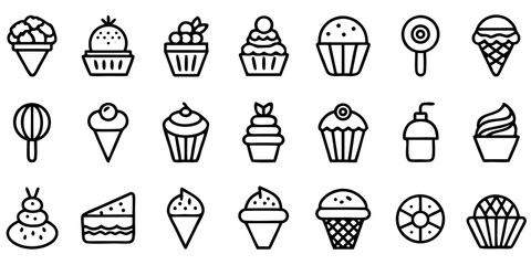 Variety of sweet treat and dessert icons in black and white outline style Keywords: ice cream, cupcake, lollipop, cake, candy, dessert, sweet, treat, sugar, bakery, confectionery, food, drink