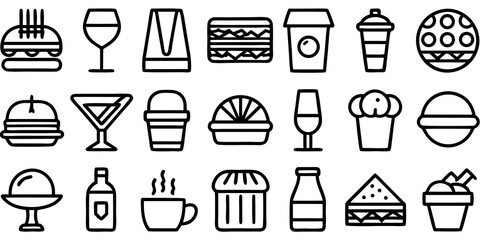 Fast Food and Drink Icons Collection Keywords: burger icon, wine glass icon, cocktail glass icon, sandwich icon, coffee cup icon, soda cup icon, donut icon, martini glass icon, ice cream bucket