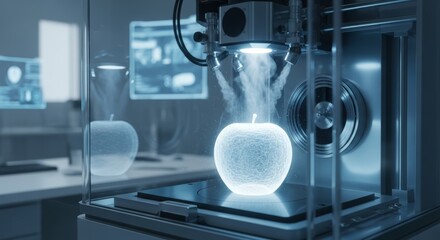 A 3D printer creating a glowing holographic apple inside a futuristic lab.
