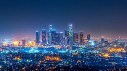 Fototapeta premium Night cityscape view of a major US metropolis. Brightly lit skyscrapers and city lights stretch across the horizon