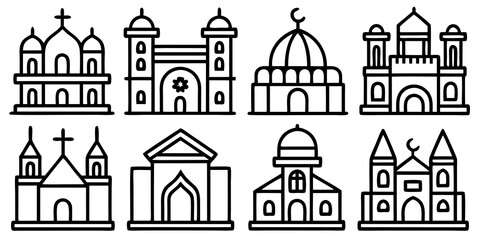 Fototapeta premium Collection of religious building icons including churches mosques and temples in black and white line art Keywords: religious, buildings, architecture, icons, churches, mosques, temples