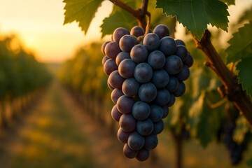 Fototapeta premium Ripe Grapes in Vineyard at Sunset