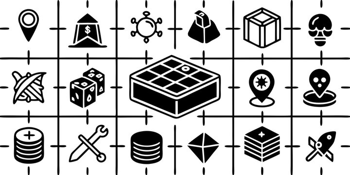 Collection of Black and White Icons Representing Business Technology and Travel Concepts vector illustration