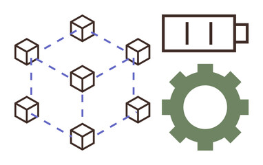 Networked cubes connected with dashed lines, a gear, and a battery. Ideal for blockchain, technology, energy, innovation, process optimization efficiency system development. Simple flat metaphor