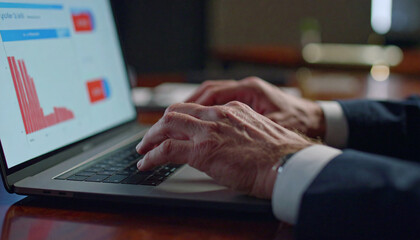 Data Analysis: Focused hands meticulously work on a laptop displaying intricate data visuals, representing an analytical approach to business and finance.
