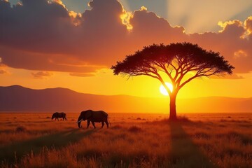 Fototapeta premium Golden sunset casts long shadows across African savanna, african savanna, vibrant, light