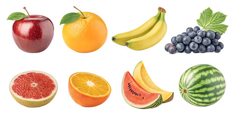 A collection of six fresh fruits including a red apple an orange bananas grapes watermelon slices and grapefruit on a white background
