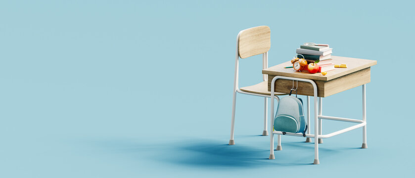 School desk with school accessory and blue backpack on blue background with copy space. Back to School concept design. 3D Rendering, 3D Illustration	
