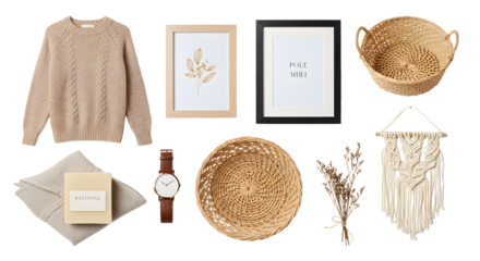 LIFESTYLE - Cozy beige knitted sweater with natural decor elements including woven baskets, dried flowers, framed leaf art, and a wristwatch on white background