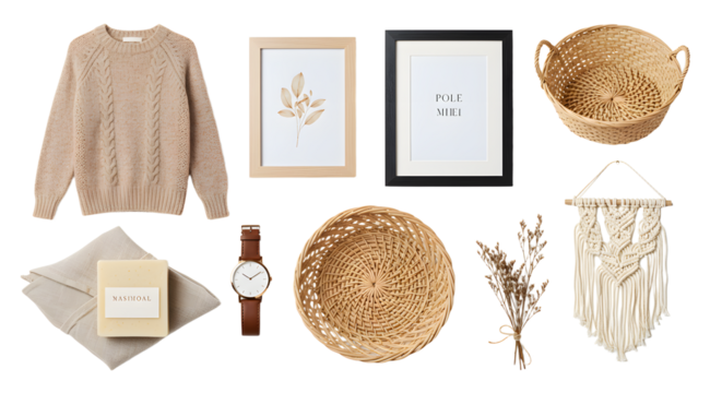 LIFESTYLE - Cozy beige knitted sweater with natural decor elements including woven baskets, dried flowers, framed leaf art, and a wristwatch on white background