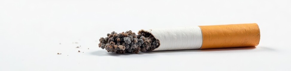 Close-up of a broken cigarette butt on pristine white background, simple, photography, addiction