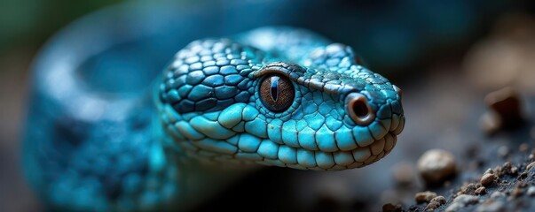 Obraz premium Close-up of a blue insularis pit viper, showing scales and fangs , tropical, detail, exotic