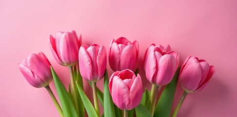 Fototapeta premium Delicate pink tulips arranged in a vibrant bouquet against a matching pink backdrop , soft, floral design