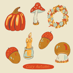 Cozy autumn vector illustration, hand-drawn warm seasonal objects