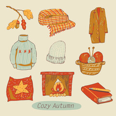 Cozy autumn vector illustration, hand-drawn warm seasonal objects