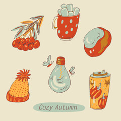 Cozy autumn vector illustration, hand-drawn warm seasonal objects