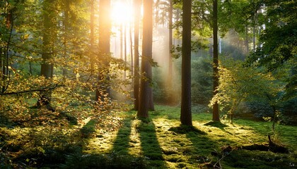 Fototapeta premium picturesque forest scene bathed in natural sunlight shining through leaves creating an inviting and serene atmosphere
