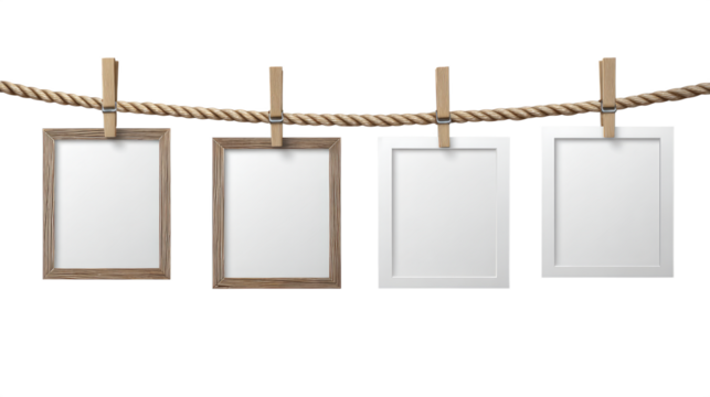 Four Instant Photo Frames Hanging on Rope isolated on transparent background Remove png, Clipping Path, pen tool - Powered by Adobe