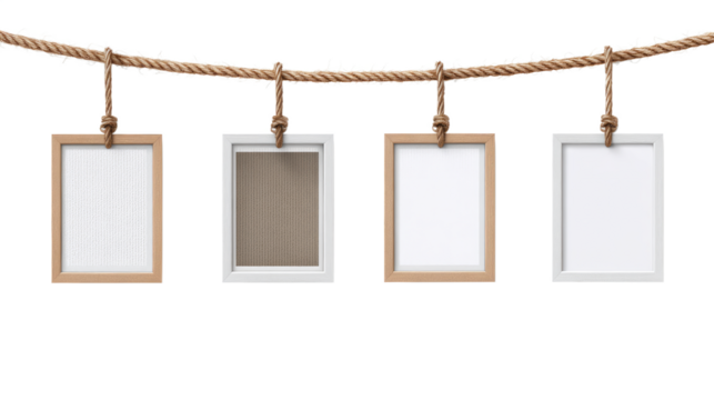 Four Instant Photo Frames Hanging on Rope isolated on transparent background Remove png, Clipping Path, pen tool