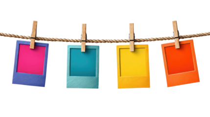 Four Instant Photo Frames Hanging on Rope isolated on transparent background Remove png, Clipping Path, pen tool