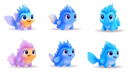 Fototapeta premium Cute baby dragon set in blue and pink, Kawaii fantasy creatures collection, Soft pastel illustration, Minimal white background, Copy space for design, Kids clipart pack