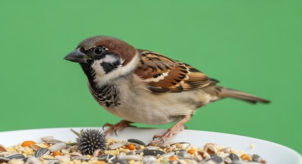 Sparrow bird eating seeds on a white plate