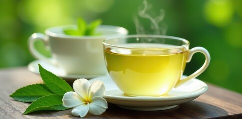Fototapeta premium Delicate jasmine green tea steeping in pristine white cups , calm, herbal, tea time