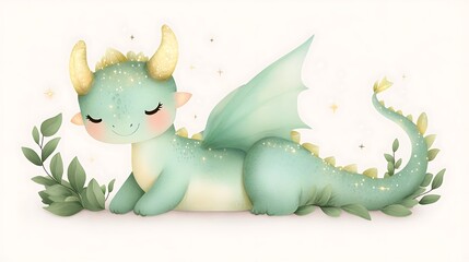 Fototapeta premium Sleeping baby dragon illustration, Soft mint fantasy creature, Gentle wings and tail, Watercolor nursery clipart, Isolated on white, Minimal background, Copy space for designs