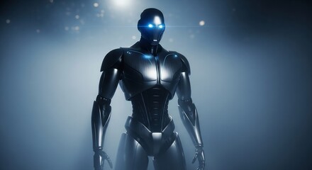 Fototapeta premium Futuristic Robot with Glowing Eyes in Dramatic Lighting, Sci-Fi Concept.