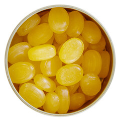 Round yellow candy filling a golden tin can on transparent background