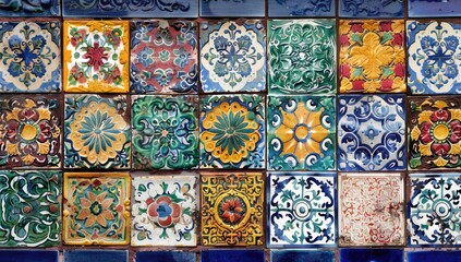 Colorful patterned tiles exterior wall, sunlight