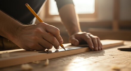 Carpenter marking wood with pencil