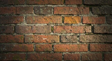Naklejka premium Detailed closeup of a weathered brick wall with visible mortar and moss