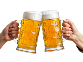 Two girls toasting glasses of beer in cheers gesture, splashing out.