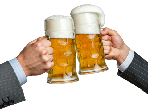 Two mans toasting glasses of beer in cheers gesture, splashing out.