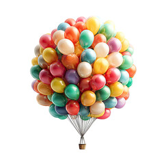 A cluster of colorful balloons, tied together, resembling a hot air balloon.  They float against a black background